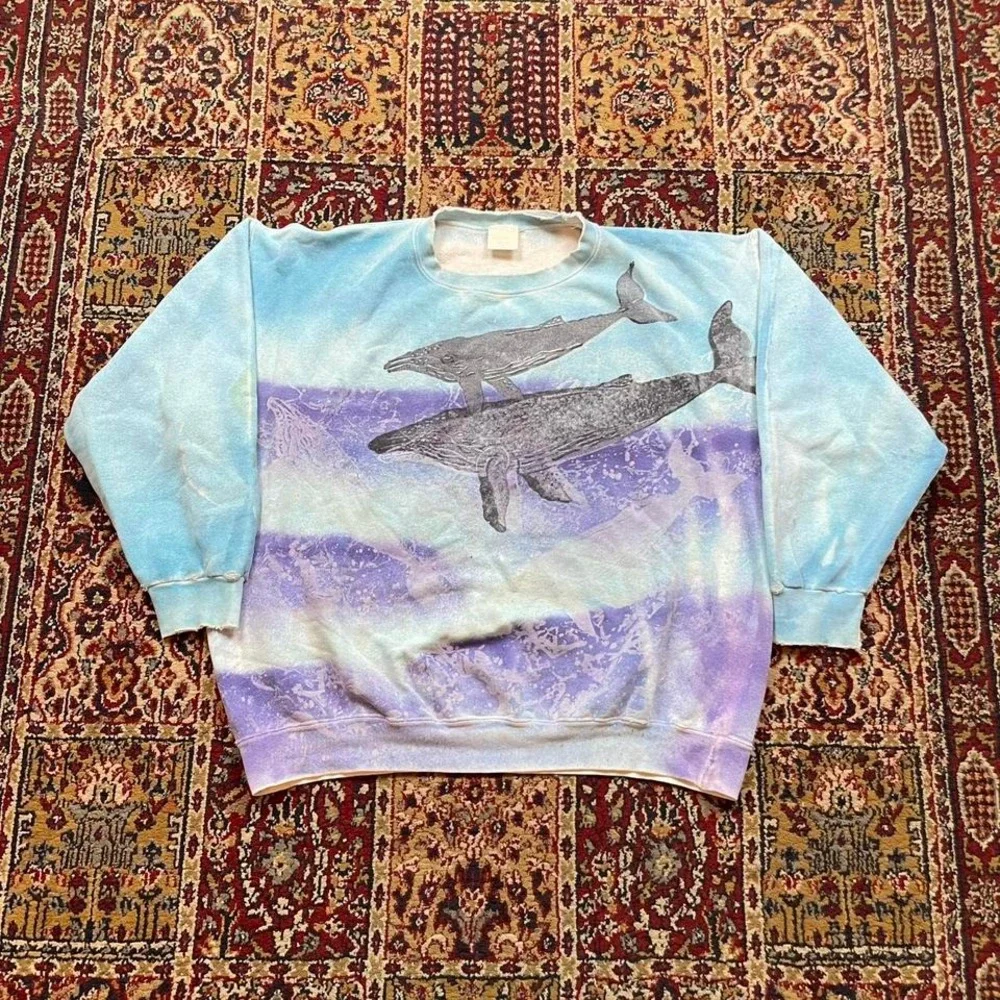 VTG 80s Hot‎ Tropics AOP tie dye striped hump back whale nature sweatshirt L USA